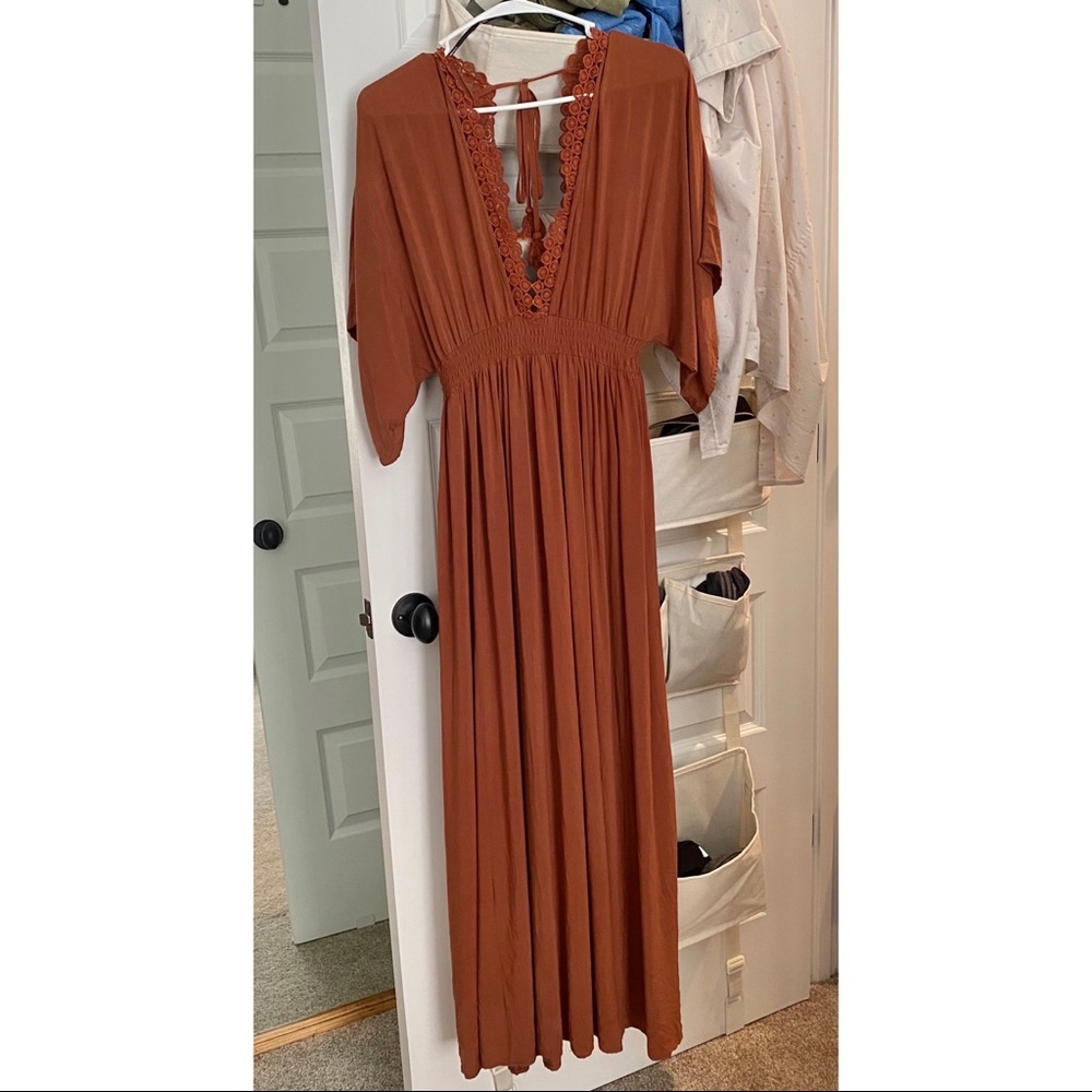 Burnt Orange Deep V Boho Maxi Dress